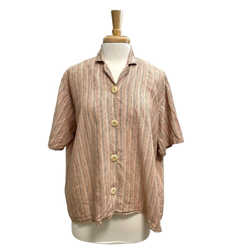FLAX 100% Linen Boxy Rainbow Stripe Button Down Shirt Top Short Sleeve sz Large